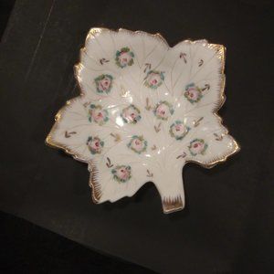 Vintage Milk Glass  Maple Leaf with Hand Painted flowers Candy Dish